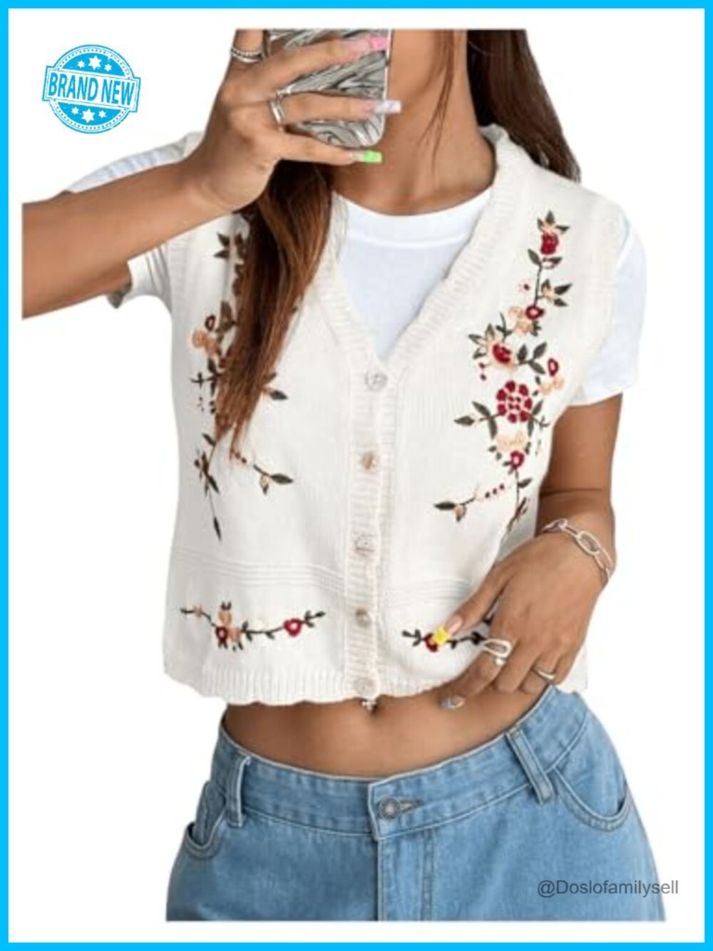 Flower Embroidered Boho Knit Sweater Vest Button Down V-Neck Sleeveless